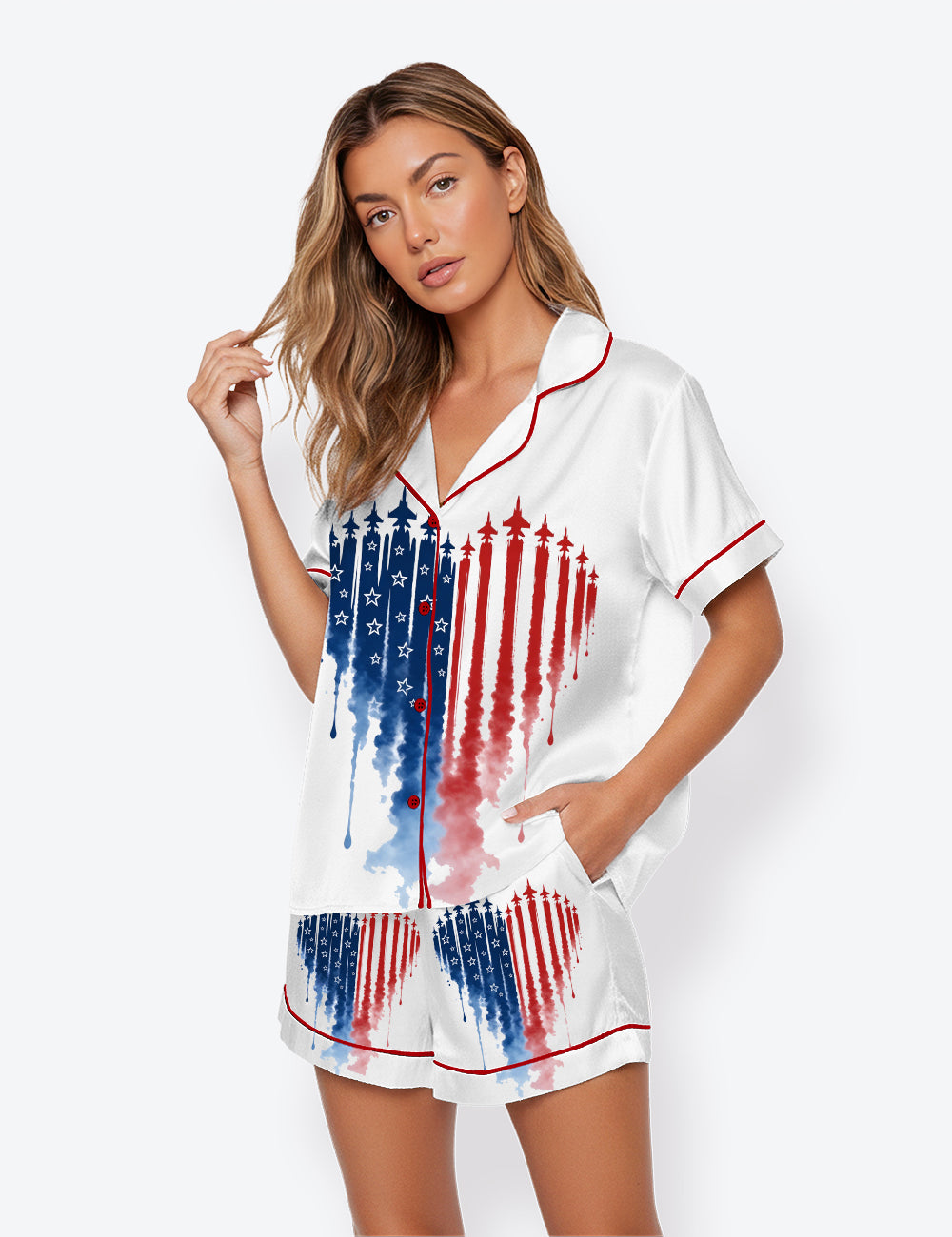Women’s American Flag Heart USA Freedom 4th Of July 250th Anniversary Short Sleeve Satin Pajama Set